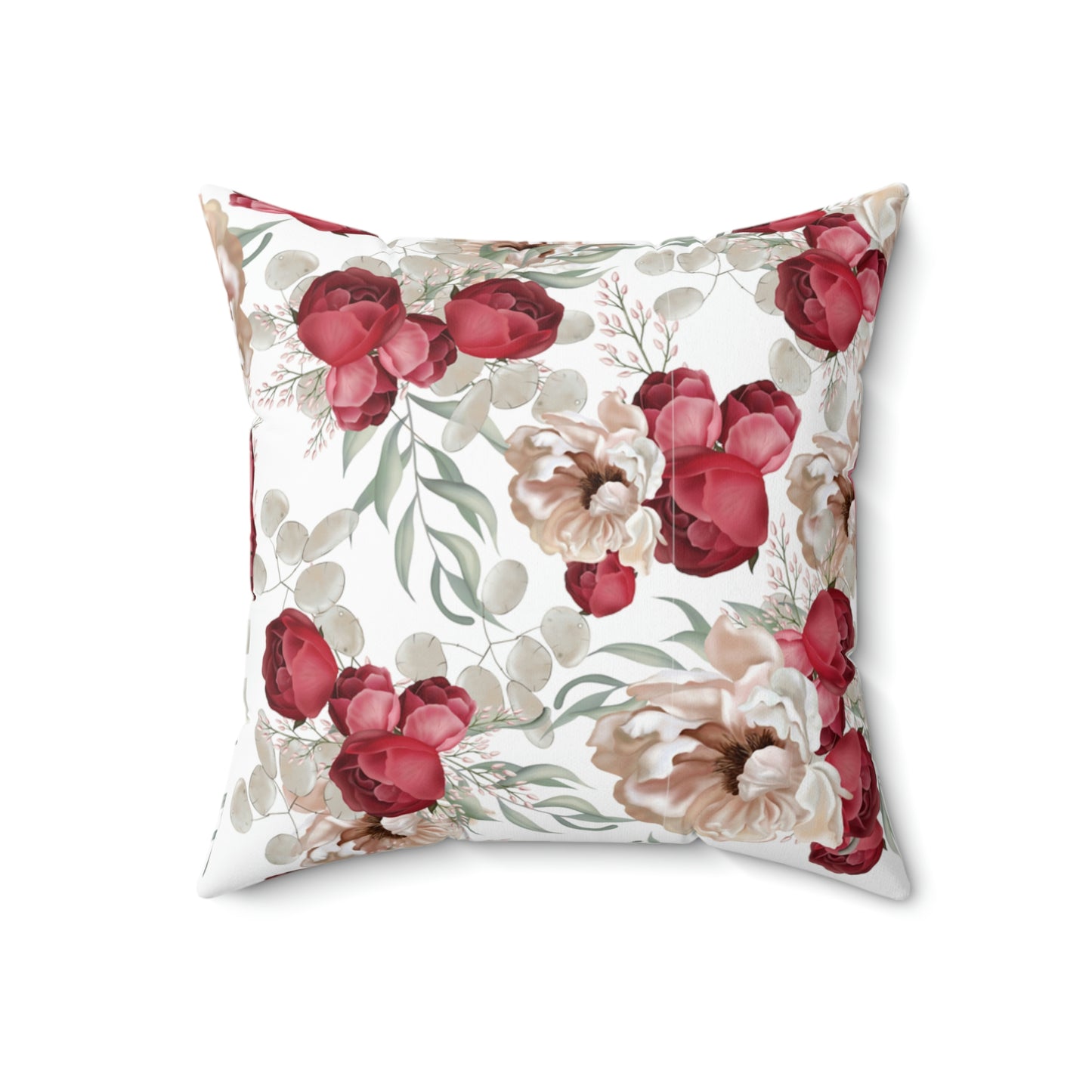 Faux Suede Square Pillow With a Red Floral Pattern