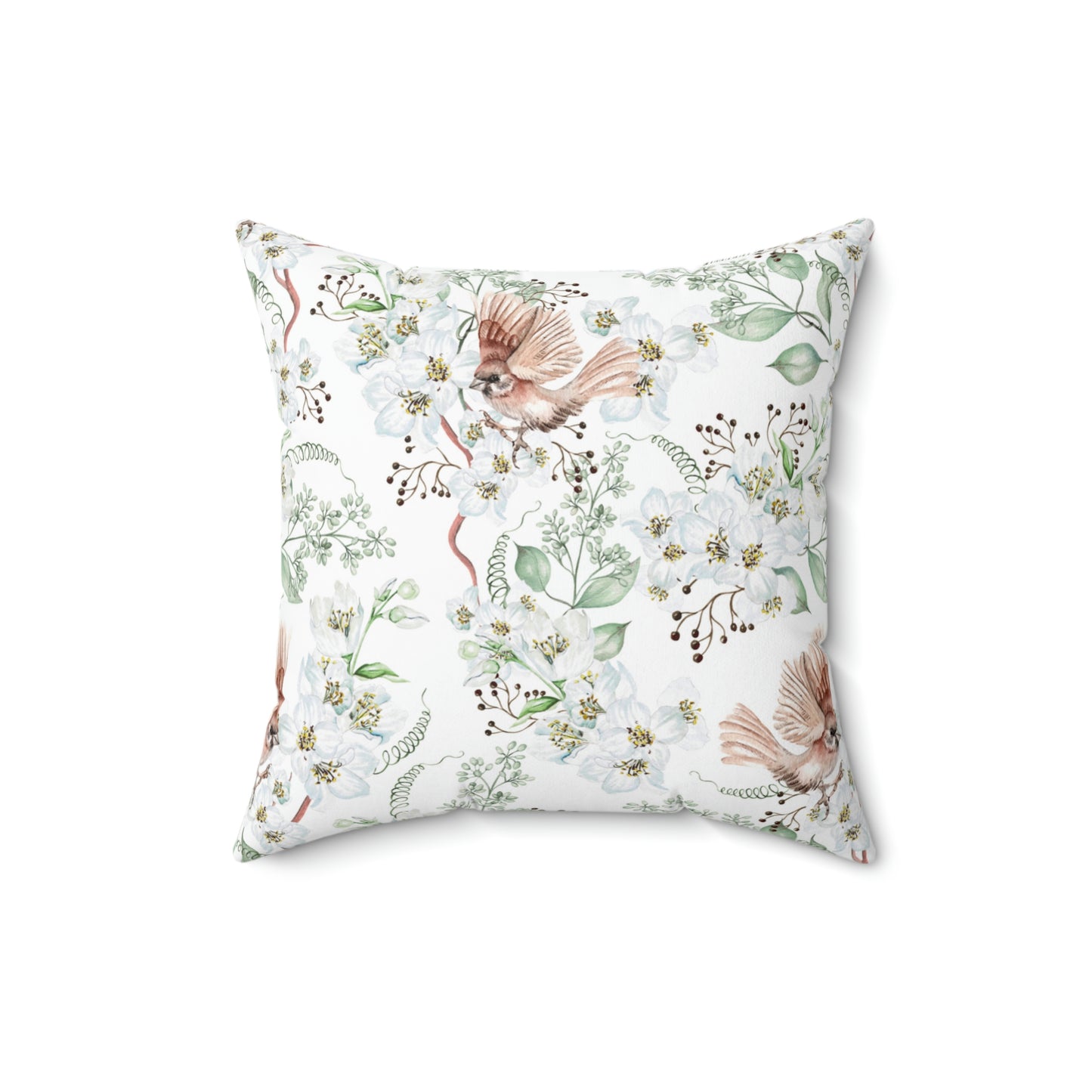 Faux Suede Square Pillow With a Floral Bird Pattern