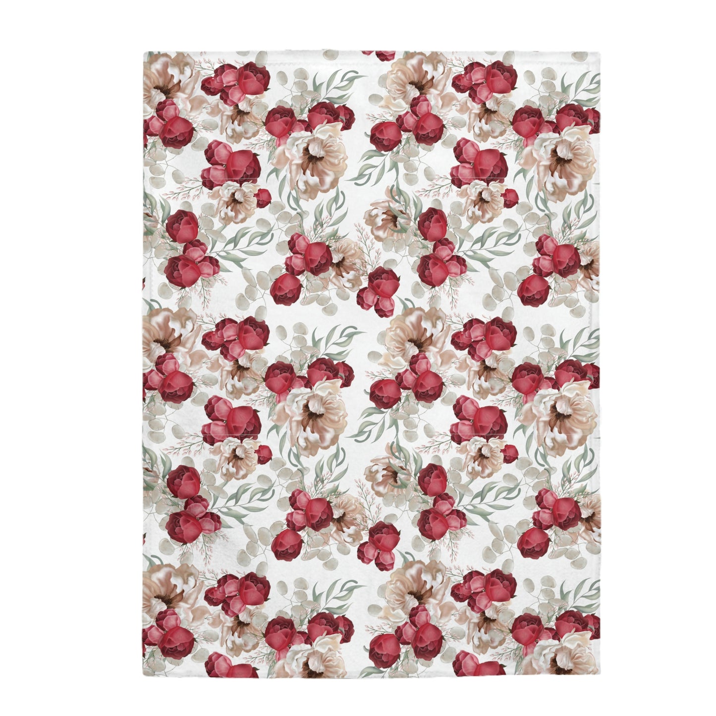 Velveteen Plush Blanket With a Red Floral Pattern