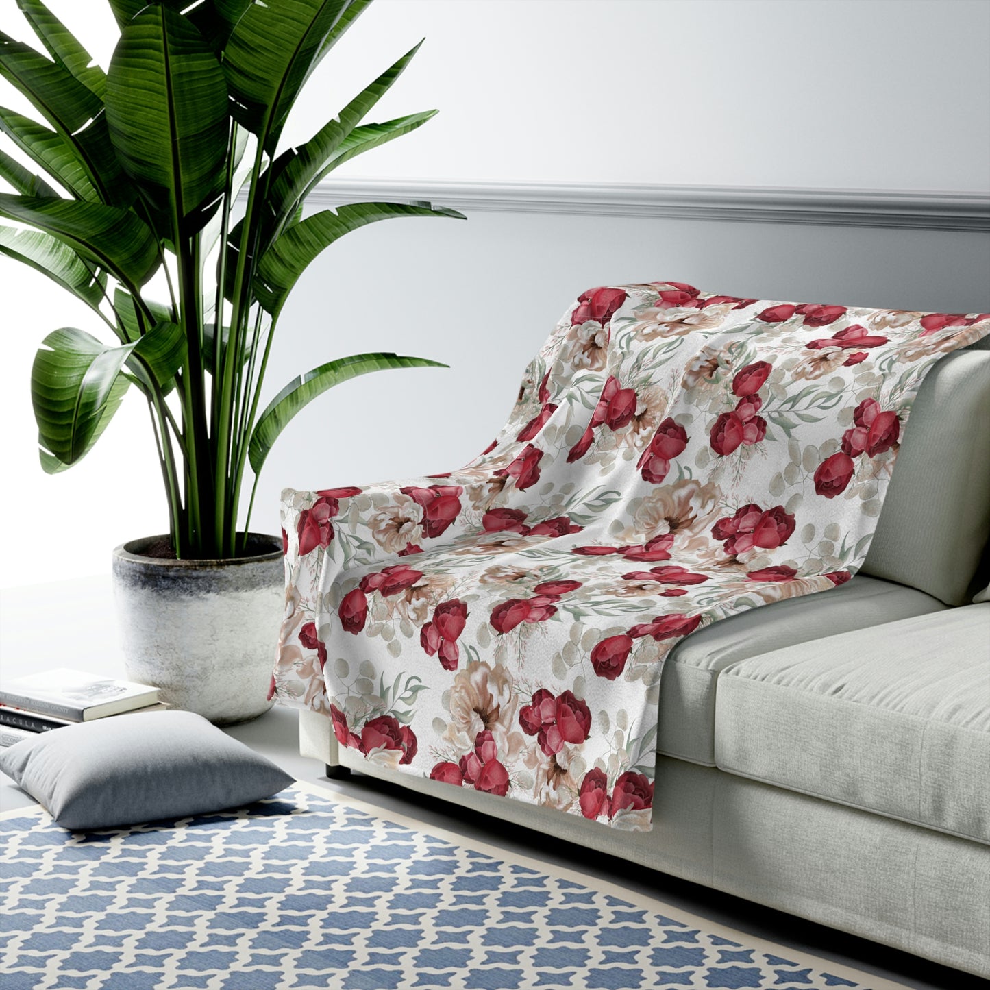 Velveteen Plush Blanket With a Red Floral Pattern