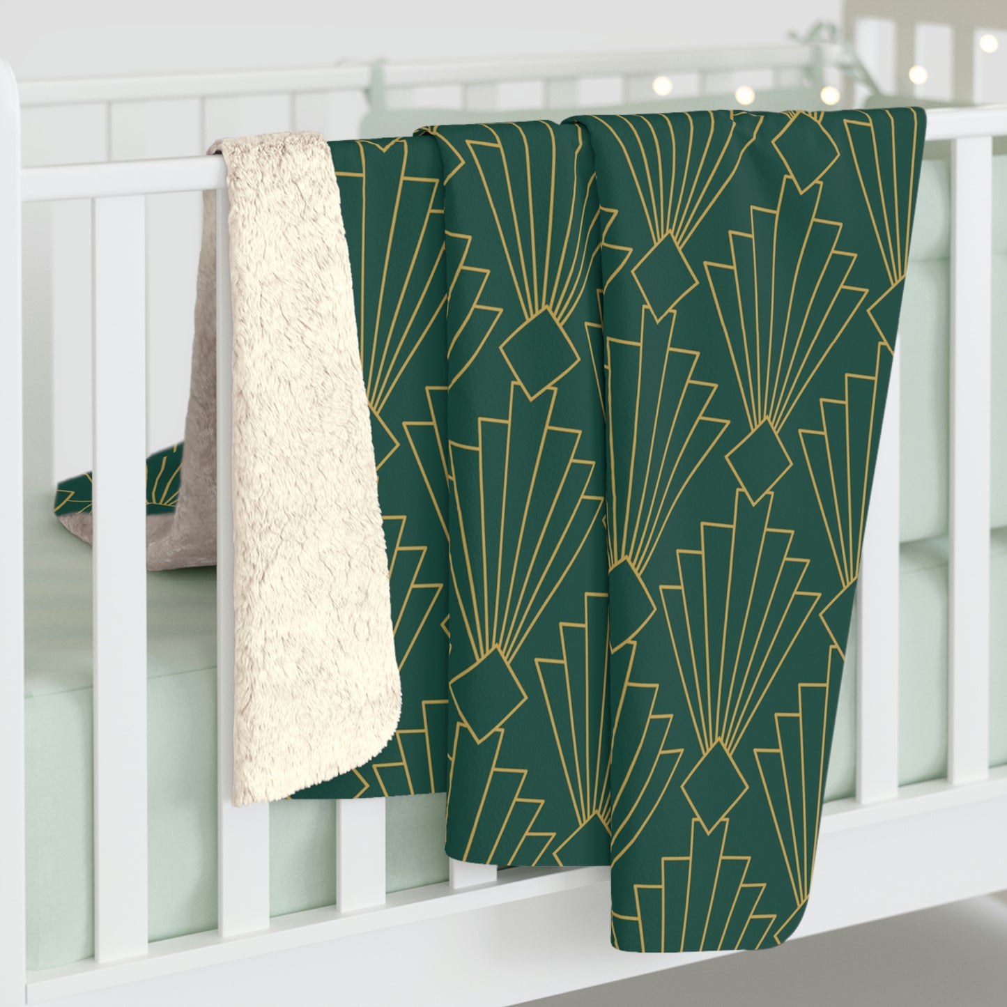 Sherpa Fleece Blanket with Art Deco Gold and Green Chevron Design