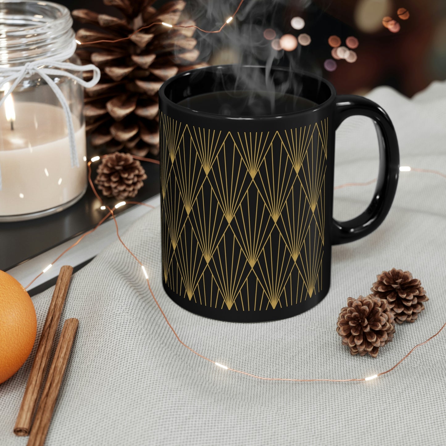 Art Deco Black and Gold Diamond Pattern - 11oz Black Mug