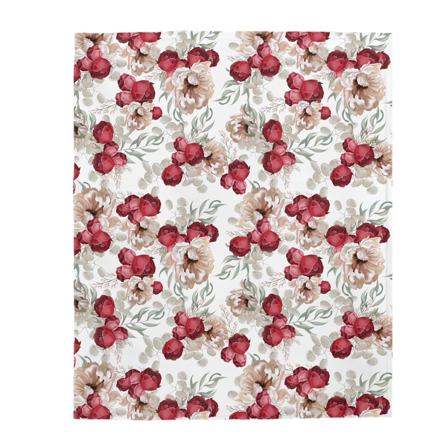 Velveteen Plush Blanket With a Red Floral Pattern