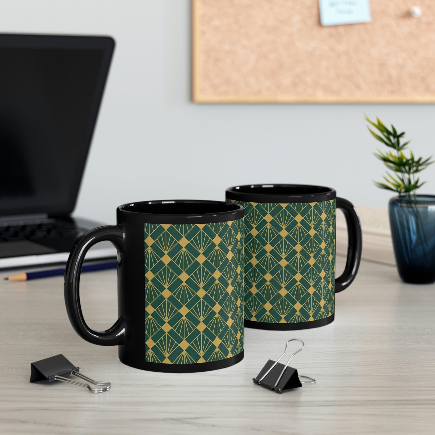 Art Deco Green and Gold Diamond Pattern -11oz Black Mug