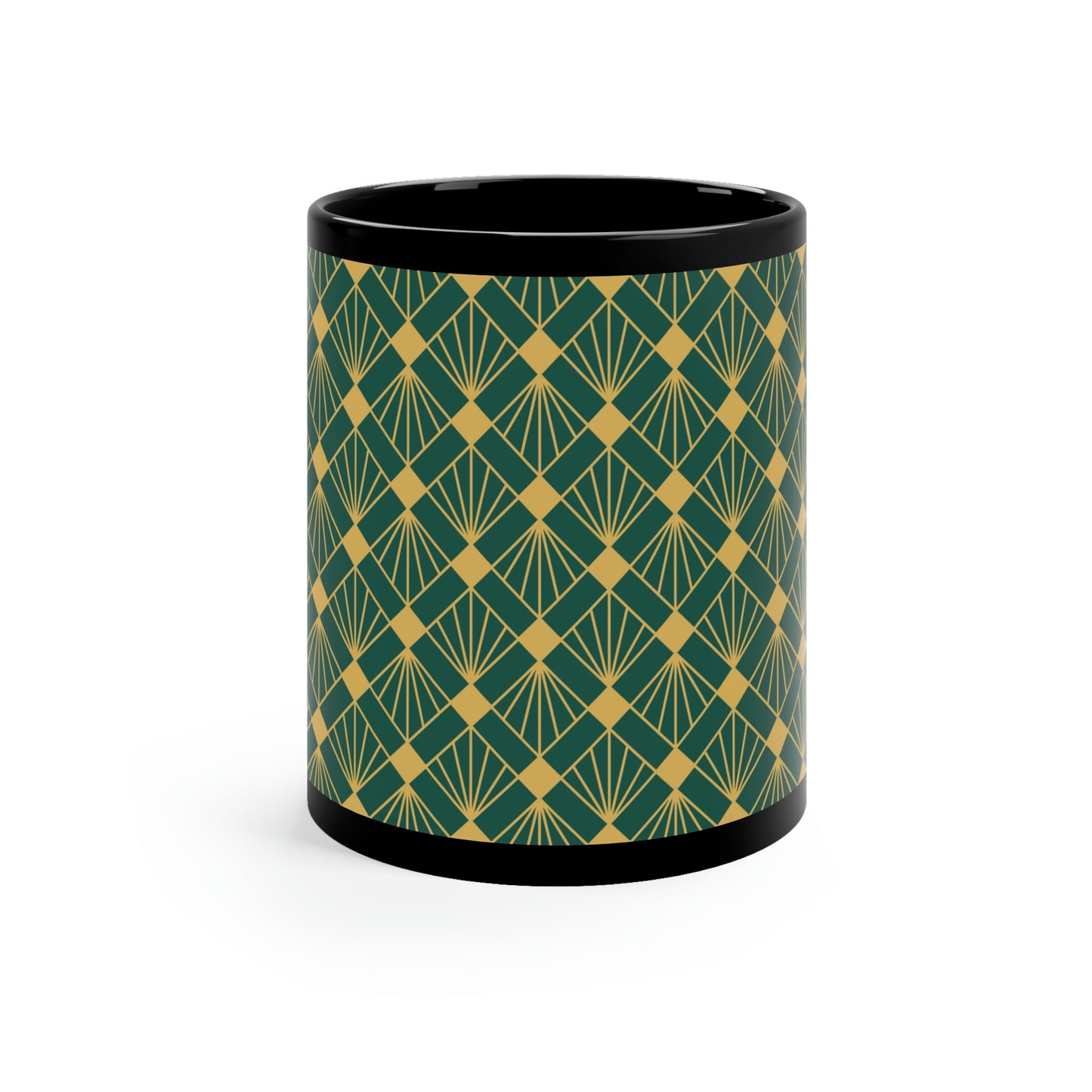 Art Deco Green and Gold Diamond Pattern -11oz Black Mug