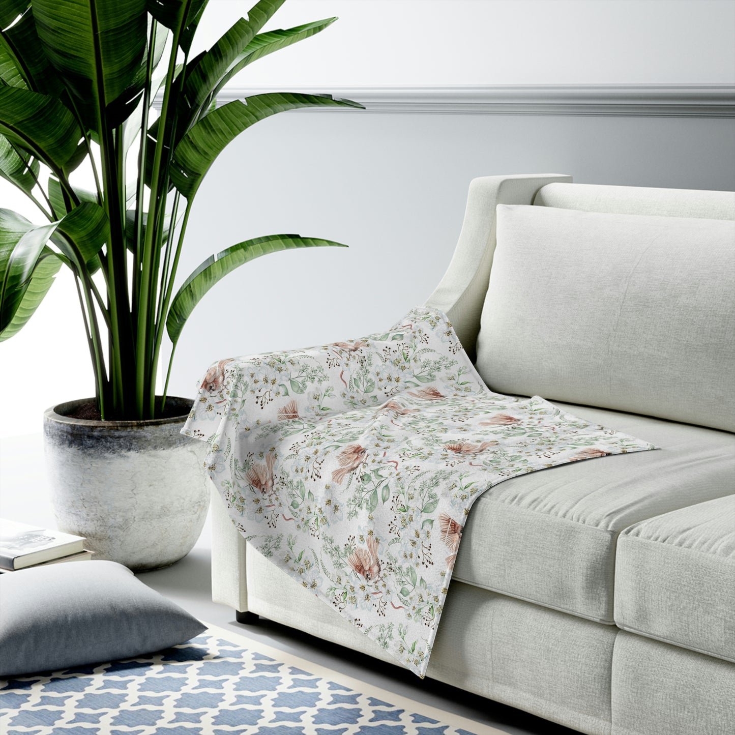 Velveteen Plush Blanket with Floral Bird Pattern