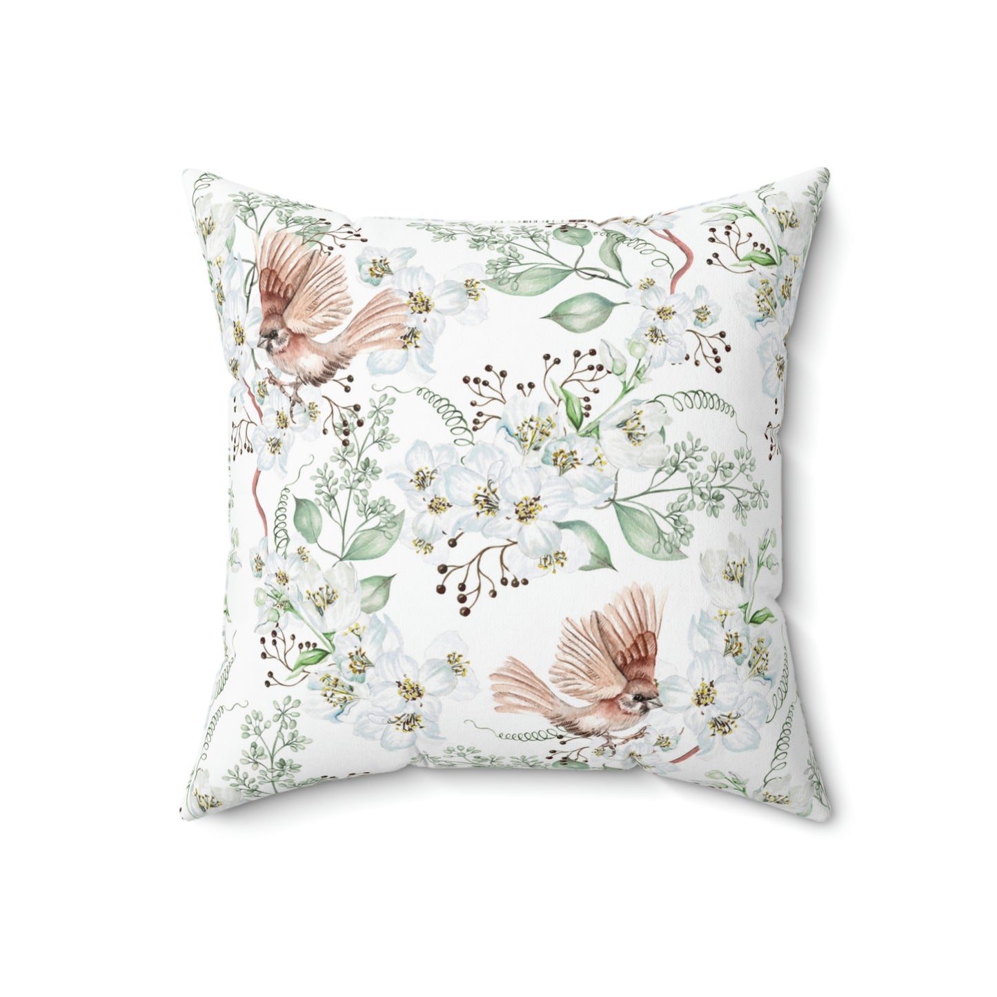 Faux Suede Square Pillow With a Floral Bird Pattern