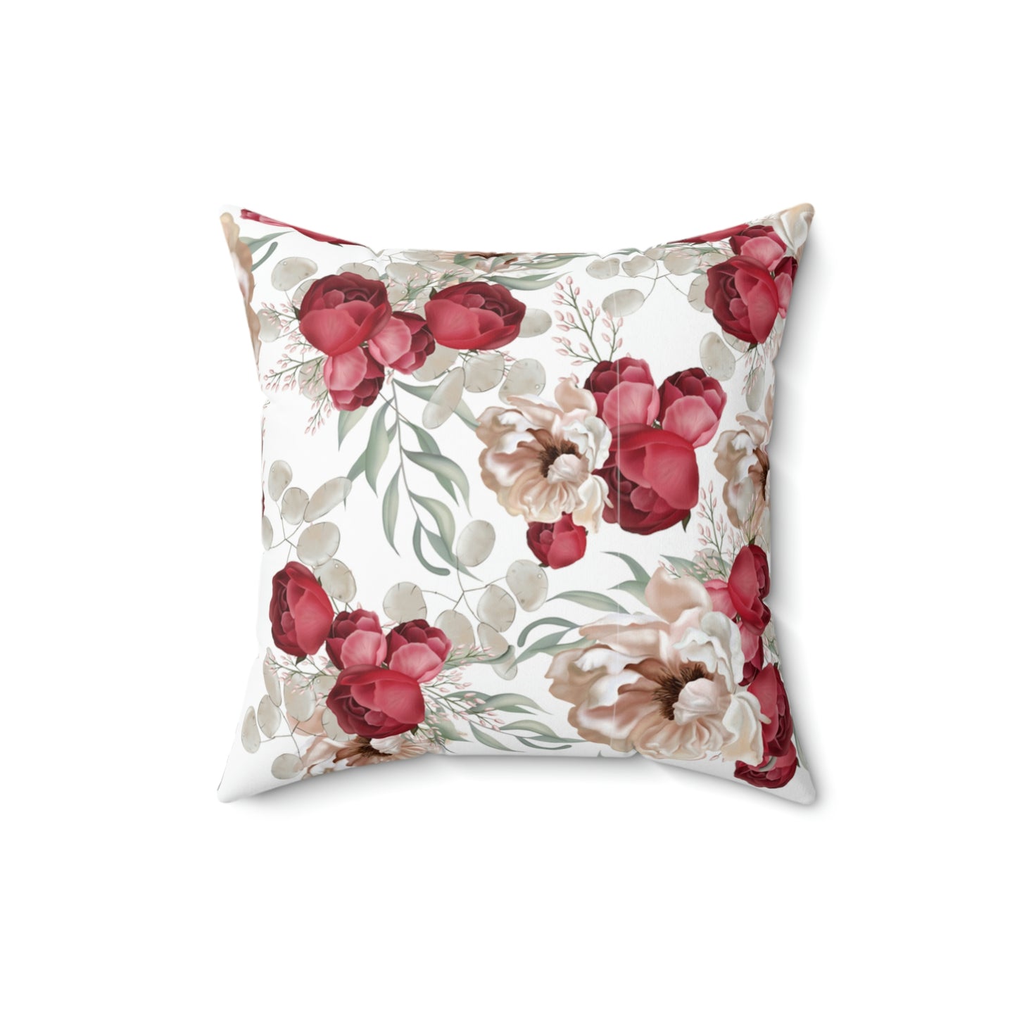 Faux Suede Square Pillow With a Red Floral Pattern