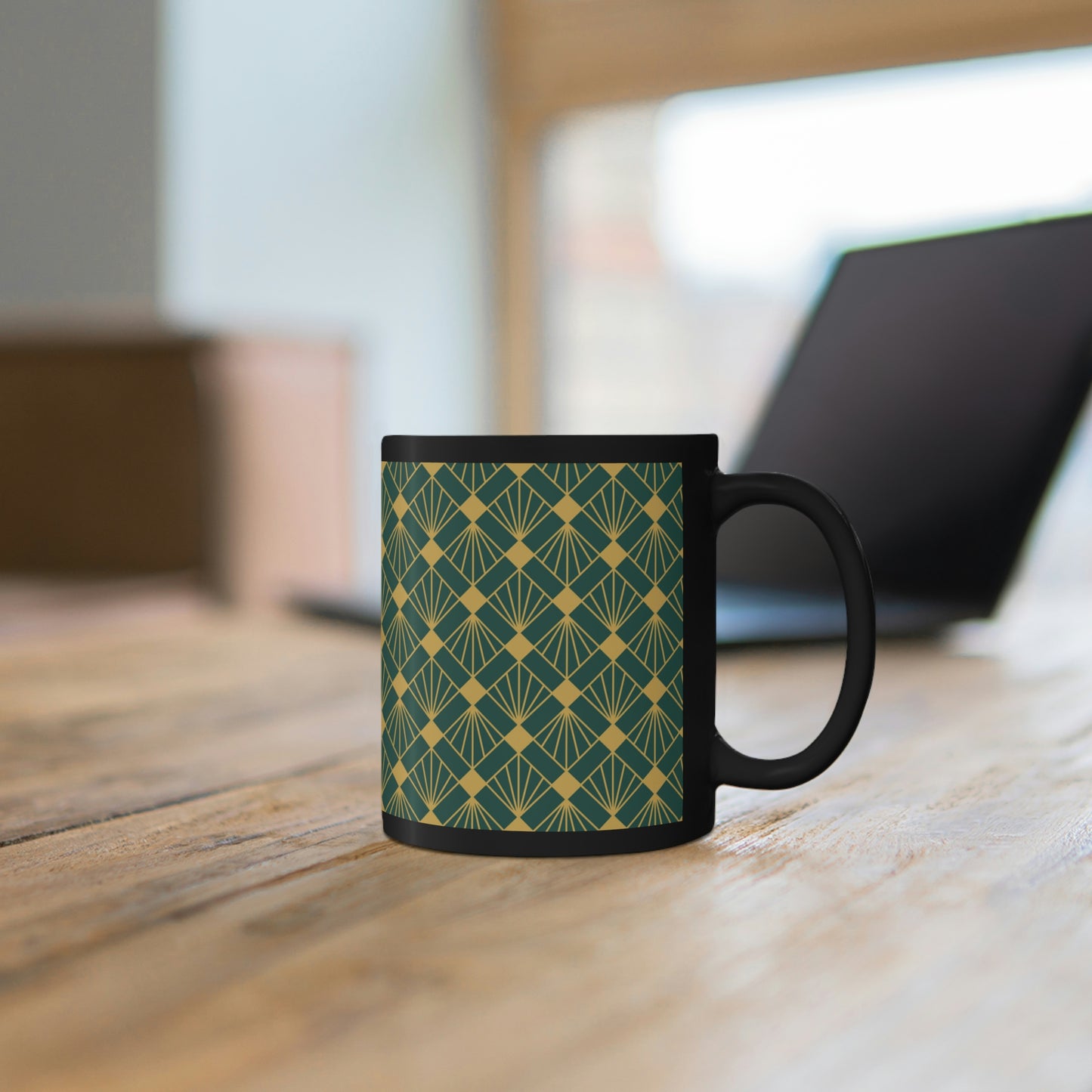 Art Deco Green and Gold Diamond Pattern -11oz Black Mug