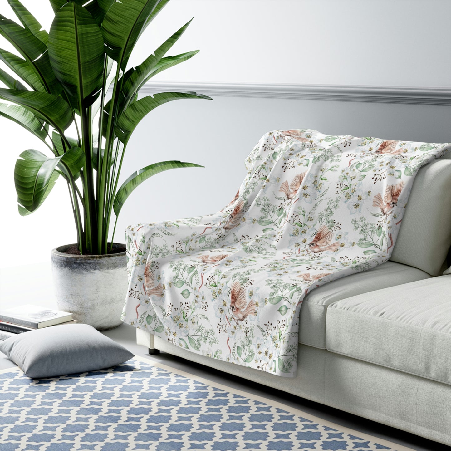 Sherpa Fleece Blanket with a Floral Bird Pattern
