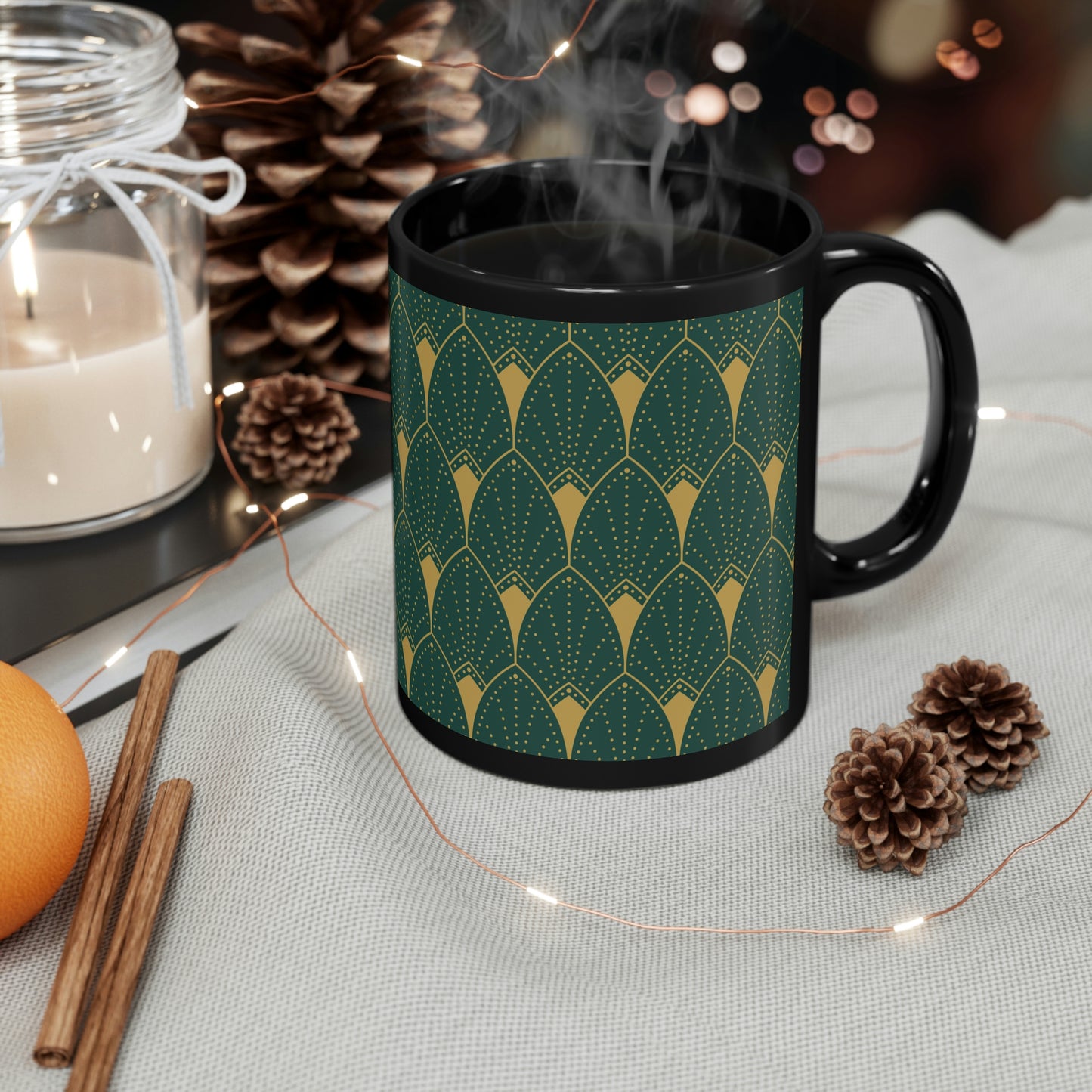 Art Deco Green and Gold Feather-Like Arch -11oz Black Mug