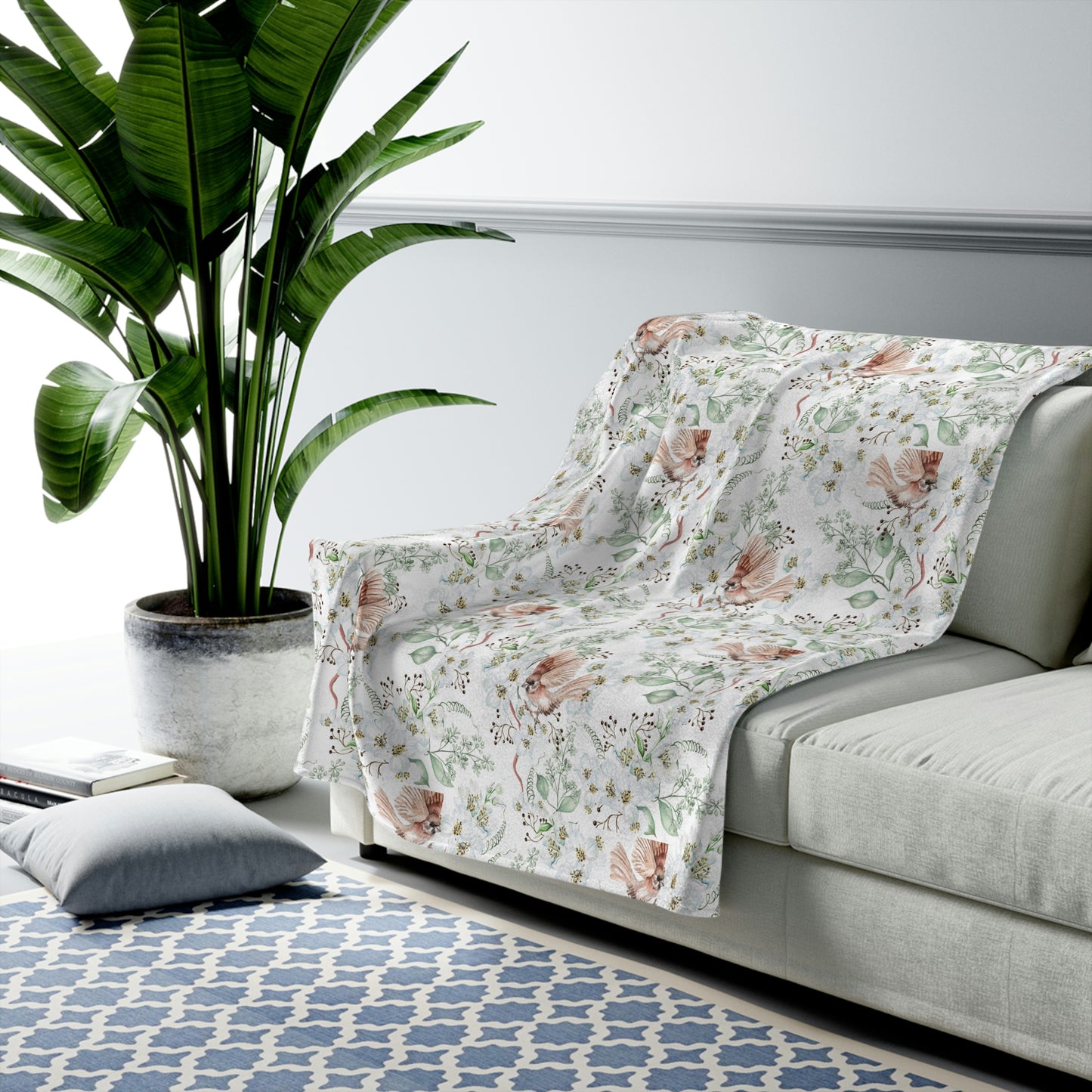 Velveteen Plush Blanket with Floral Bird Pattern