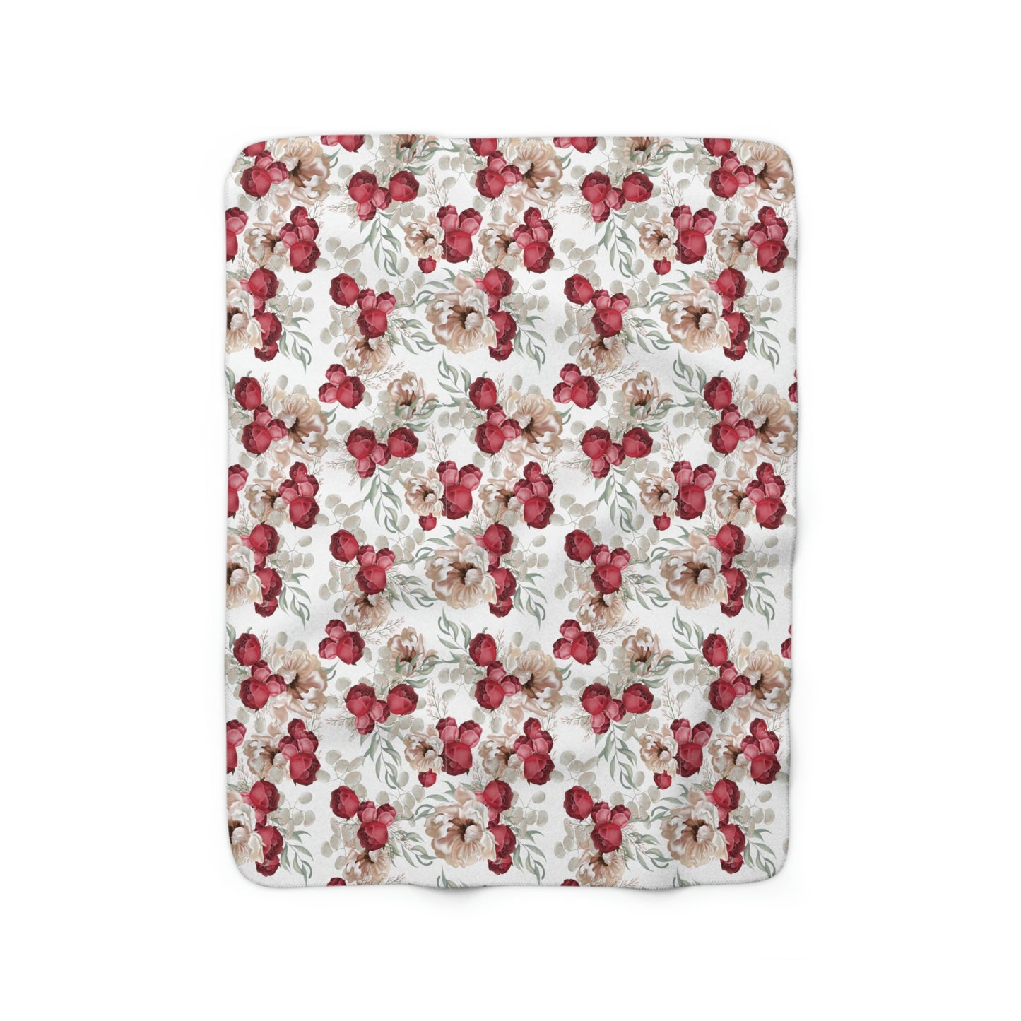 Sherpa Fleece Blanket with a Red Floral Pattern