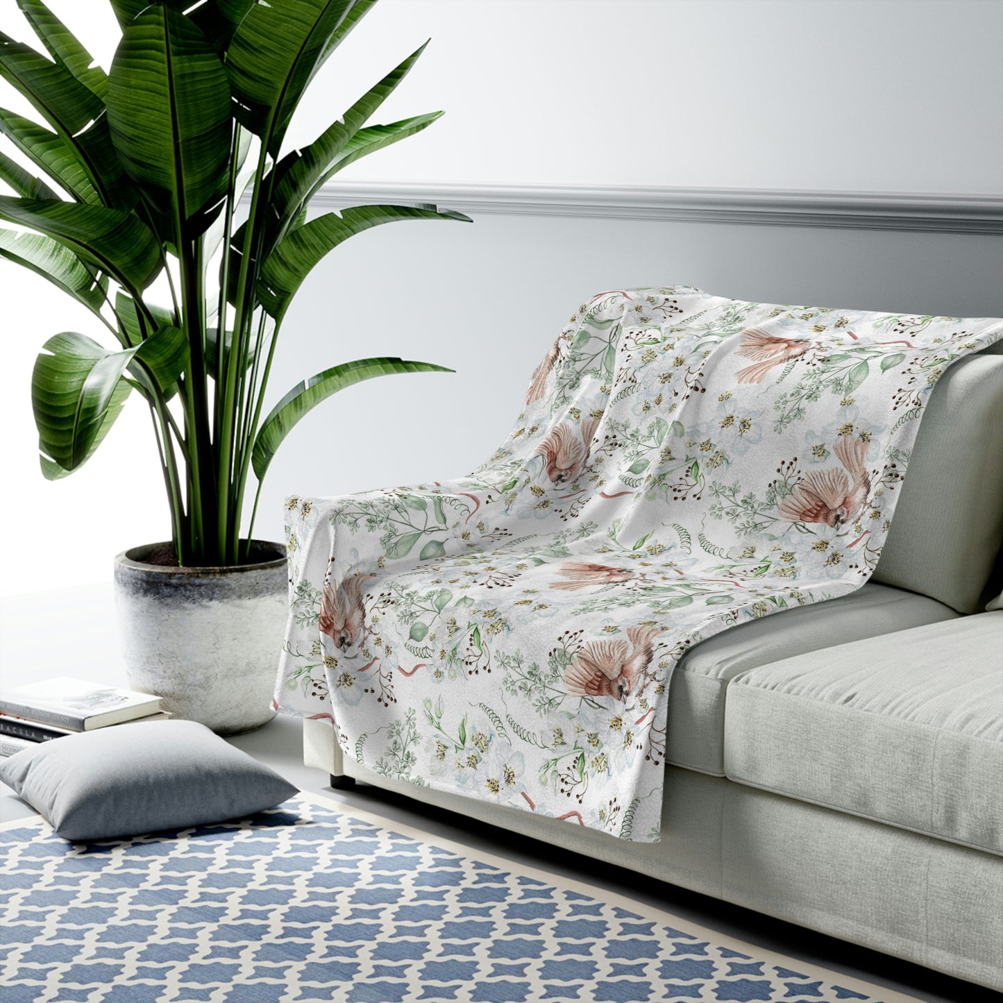 Velveteen Plush Blanket with Floral Bird Pattern