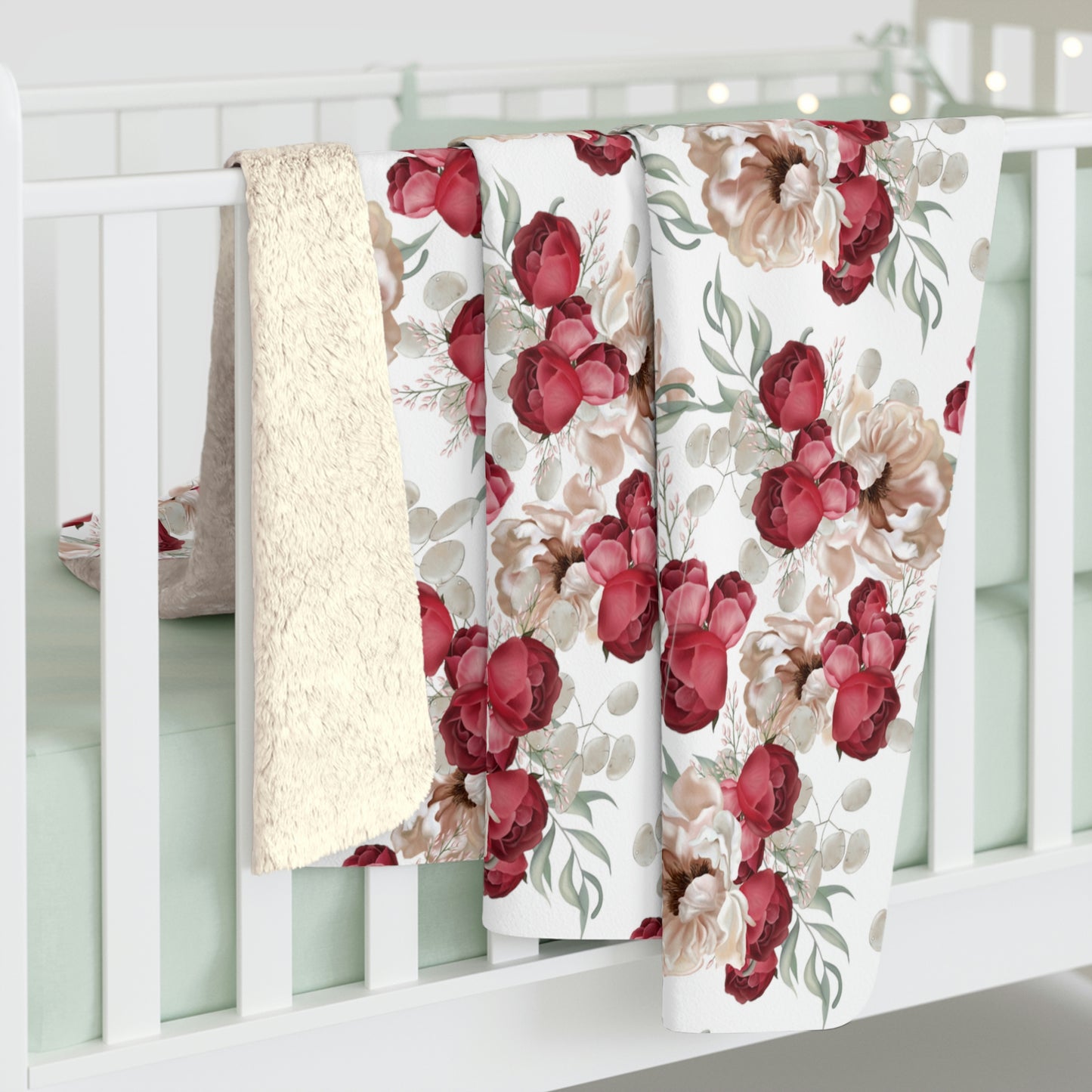 Sherpa Fleece Blanket with a Red Floral Pattern