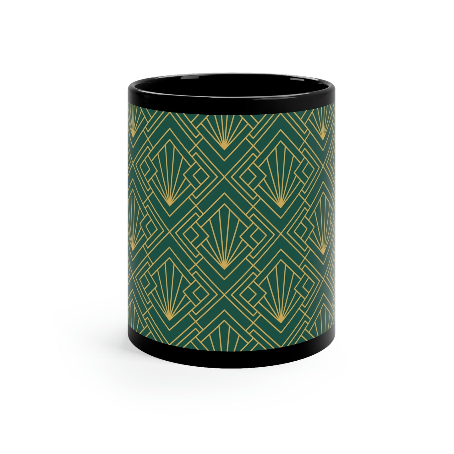 Art Deco Green and Gold Pattern -11oz Black Mug