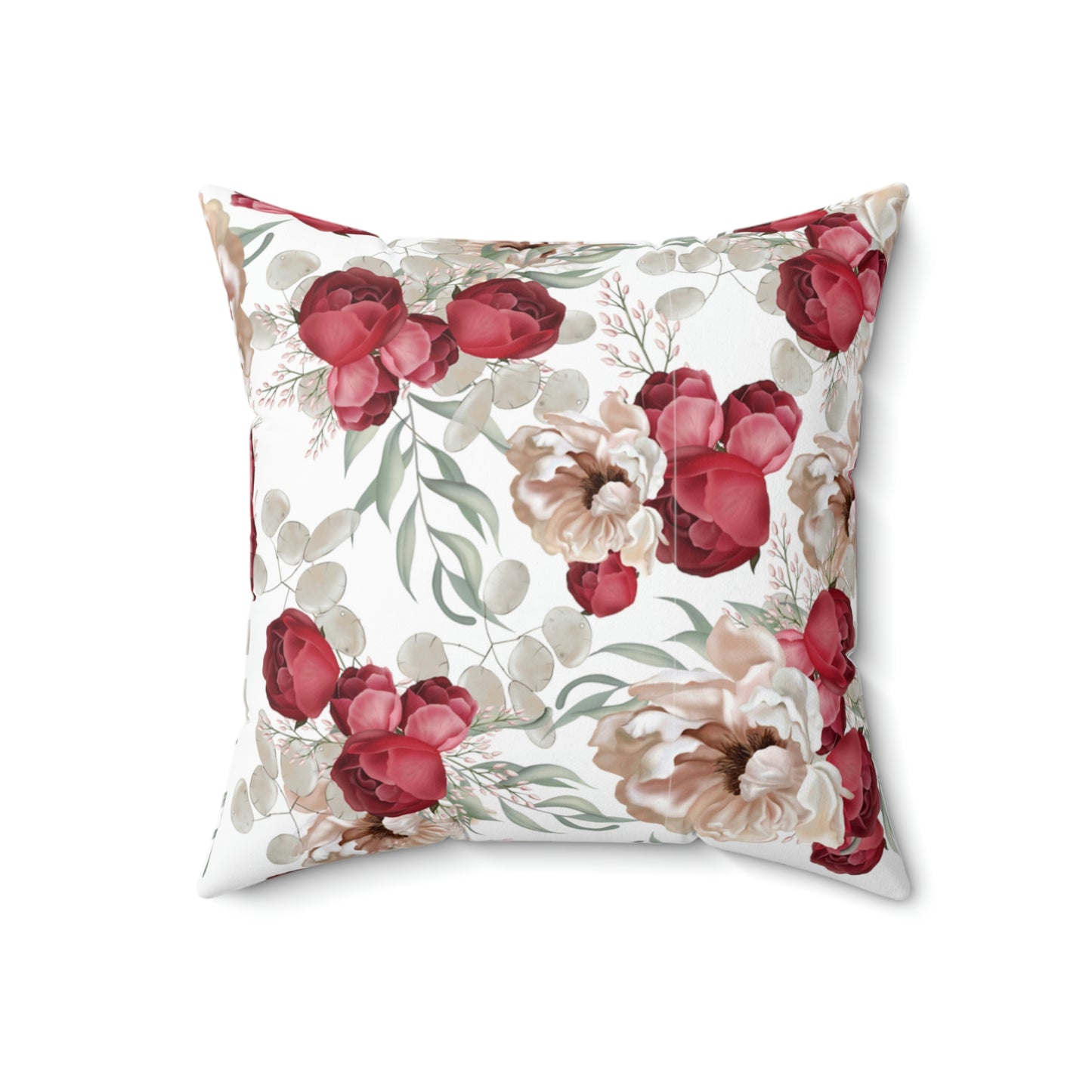 Faux Suede Square Pillow With a Red Floral Pattern