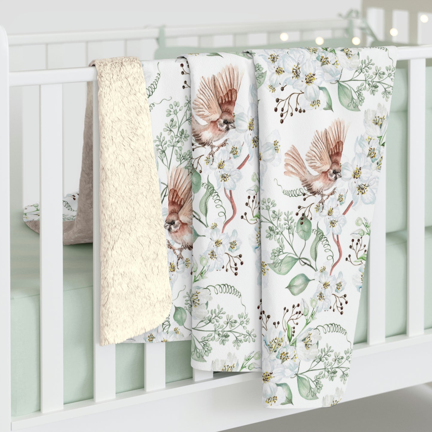 Sherpa Fleece Blanket with a Floral Bird Pattern