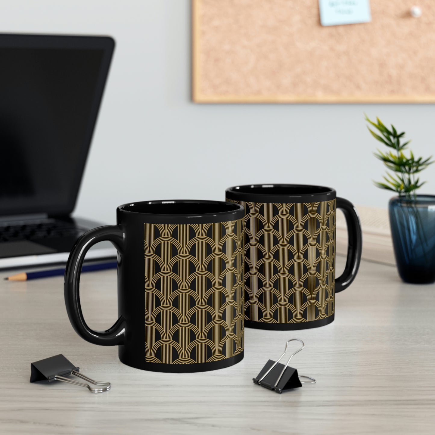 Art Deco Black and Gold Curved Arch Pattern - 11oz Black Mug