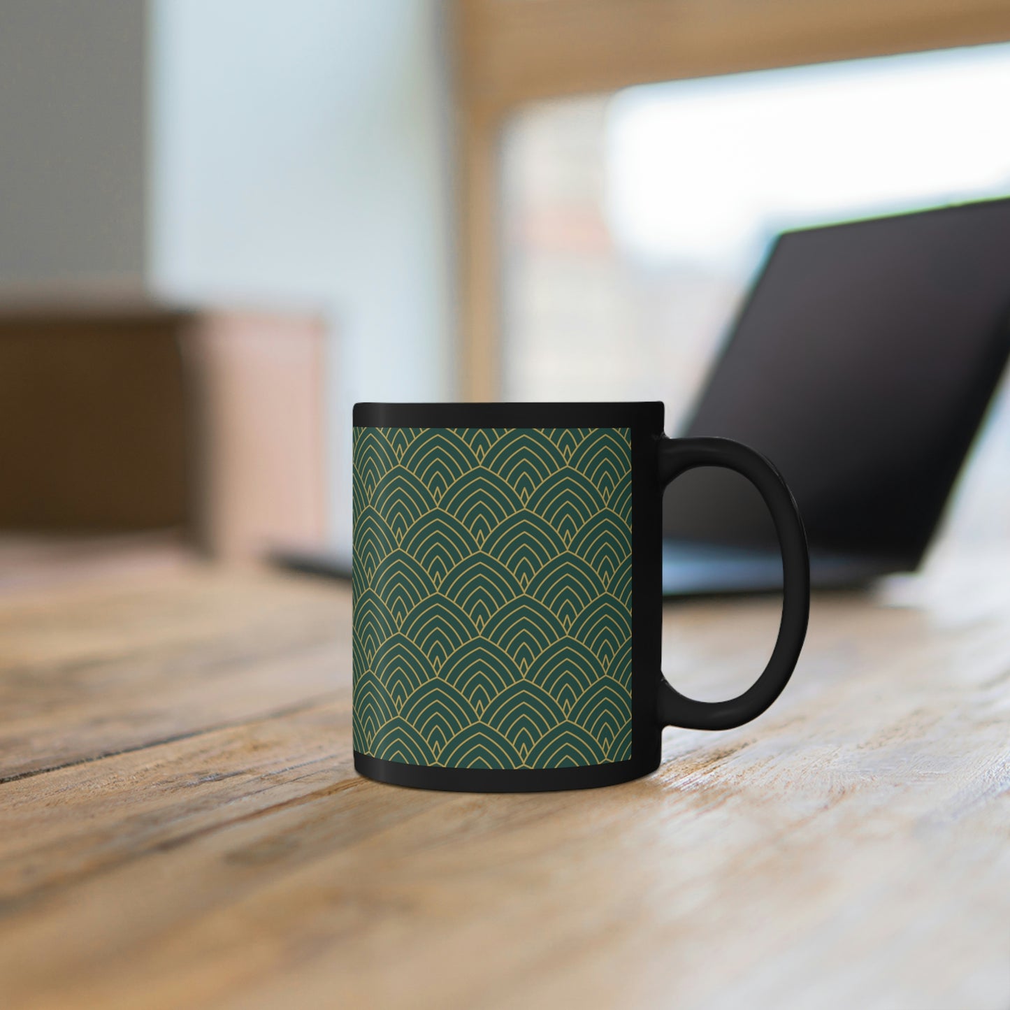 Art Deco Green and Gold Curved Pattern -11oz Black Mug