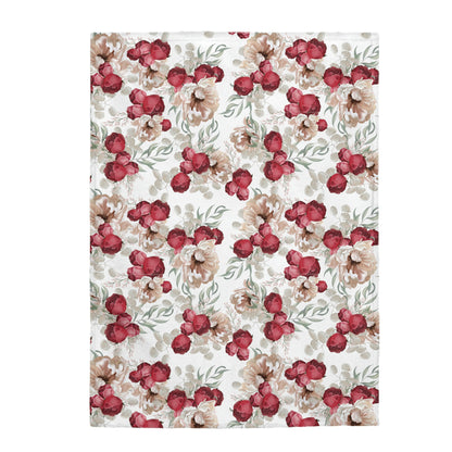 Velveteen Plush Blanket With a Red Floral Pattern