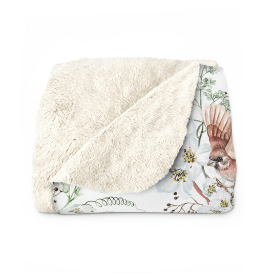 Sherpa Fleece Blanket with a Floral Bird Pattern