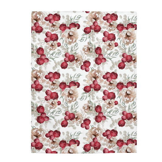 Velveteen Plush Blanket With a Red Floral Pattern