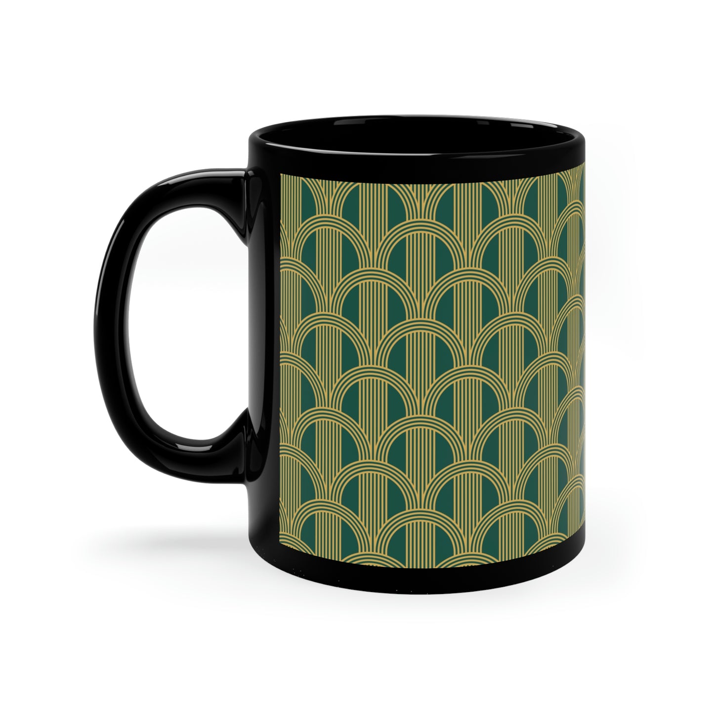 Art Deco Green and Gold Curved Arch Pattern -11oz Black Mug
