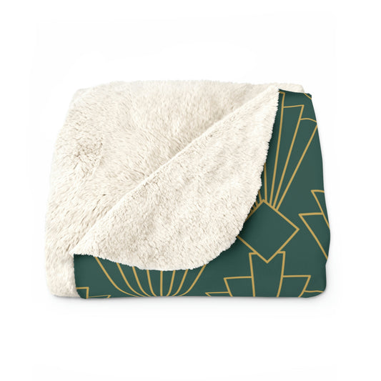 Sherpa Fleece Blanket with Art Deco Gold and Green Chevron Design