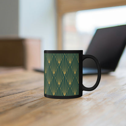 Art Deco Green and Gold Pattern -11oz Black Mug