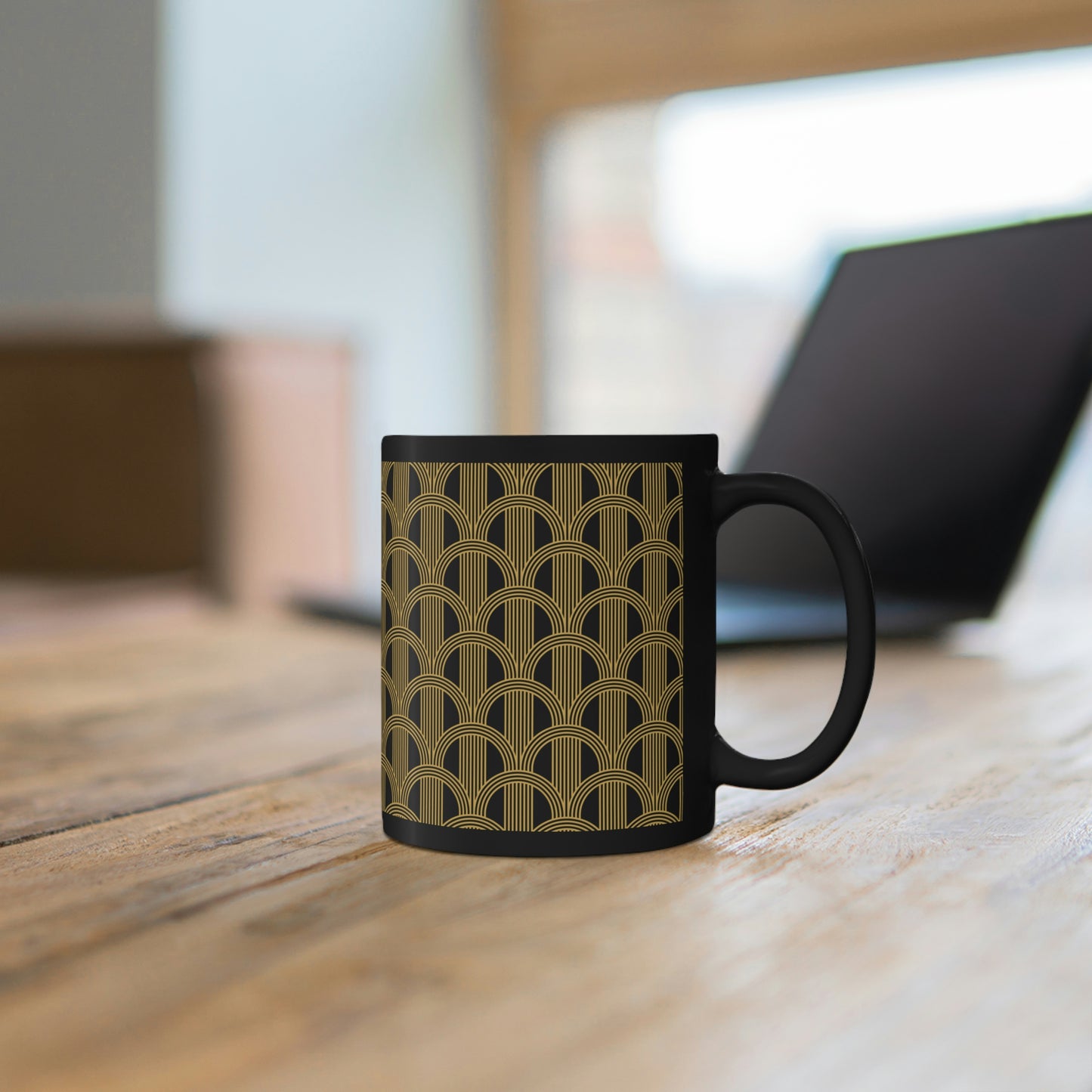 Art Deco Black and Gold Curved Arch Pattern - 11oz Black Mug