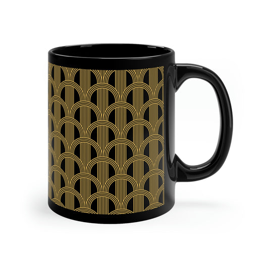 Art Deco Black and Gold Curved Arch Pattern - 11oz Black Mug