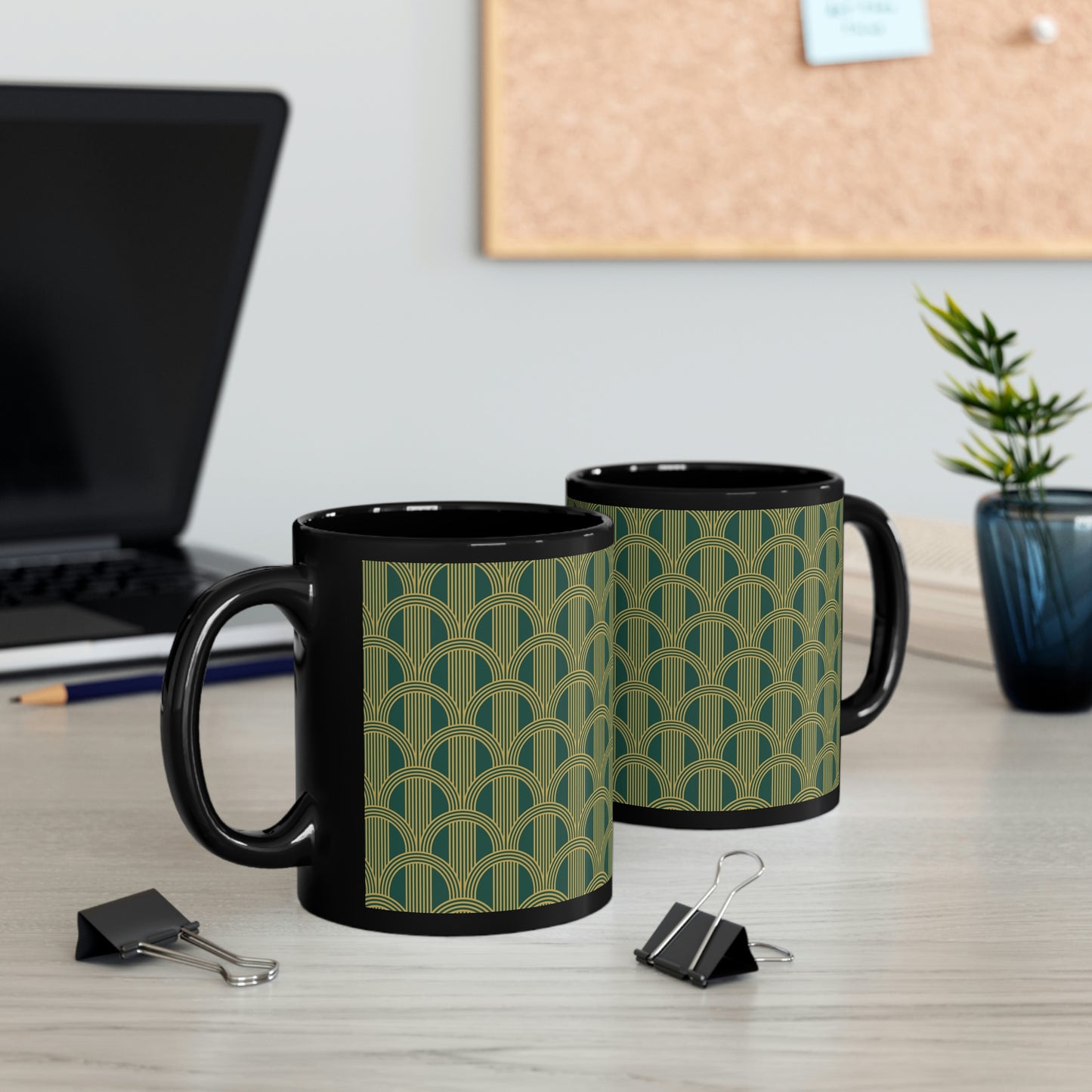 Art Deco Green and Gold Curved Arch Pattern -11oz Black Mug