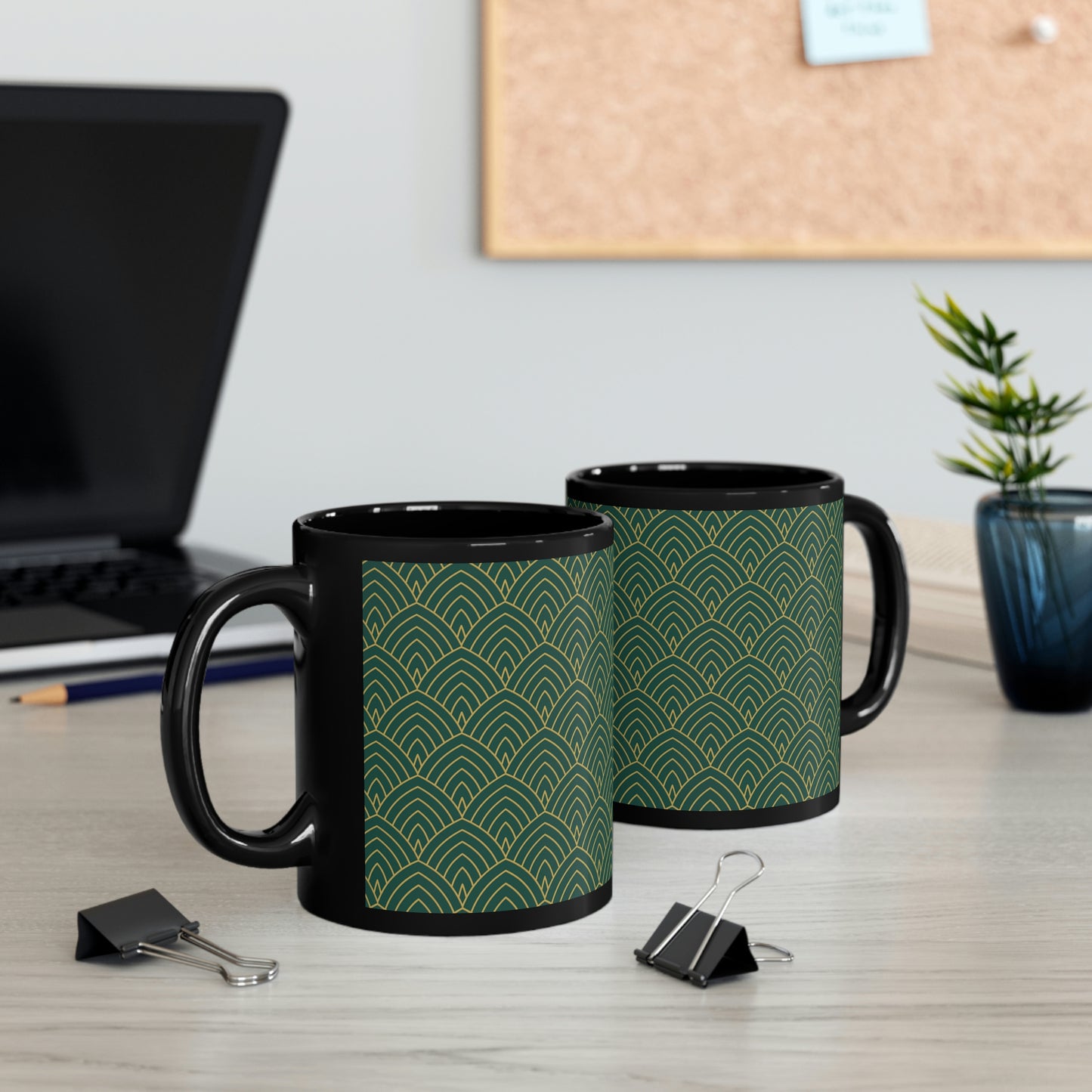 Art Deco Green and Gold Curved Pattern -11oz Black Mug