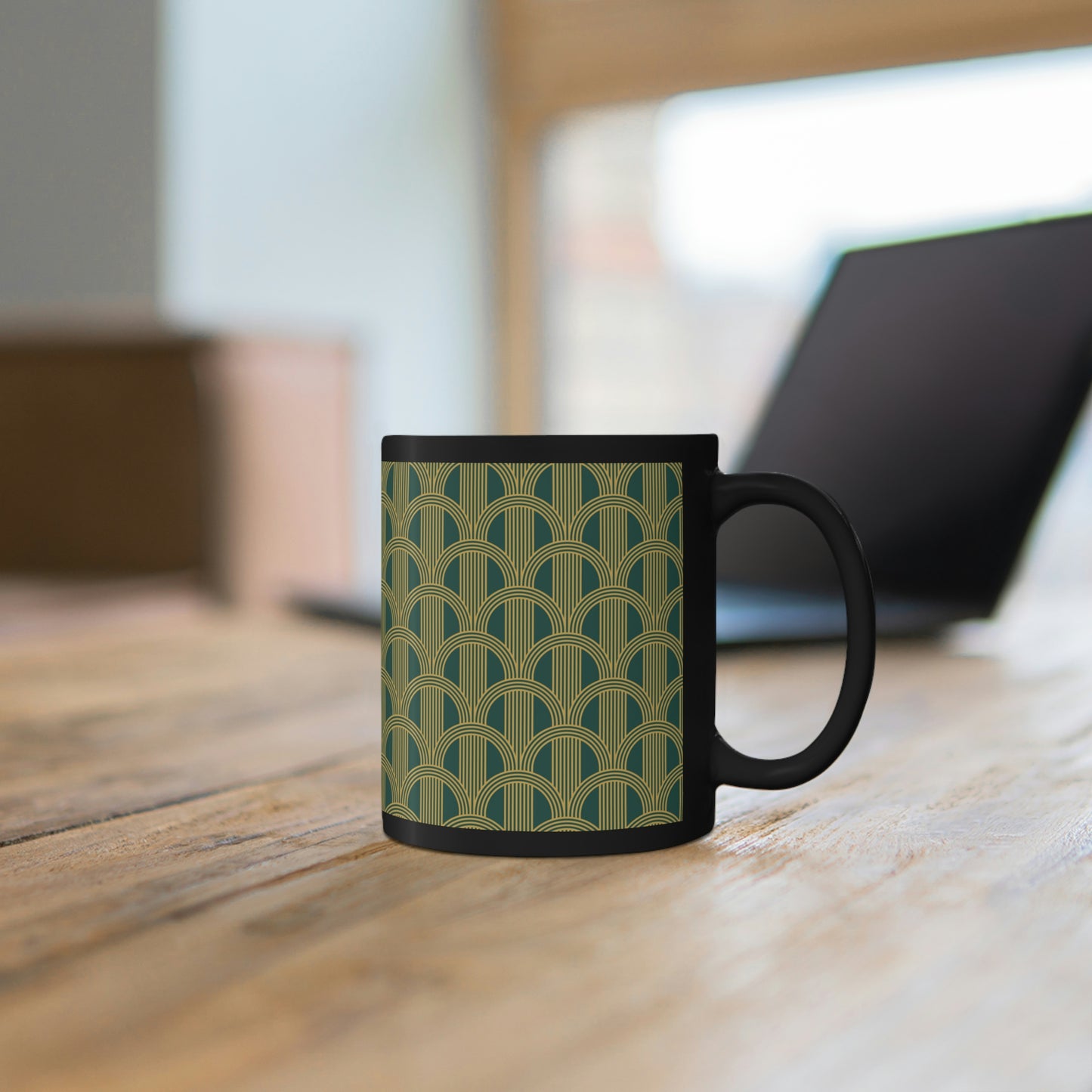 Art Deco Green and Gold Curved Arch Pattern -11oz Black Mug