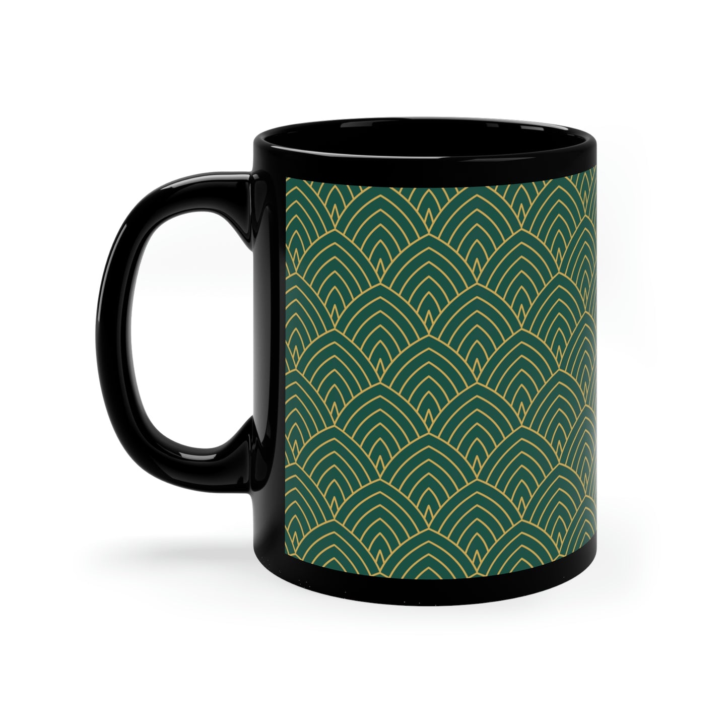 Art Deco Green and Gold Curved Pattern -11oz Black Mug