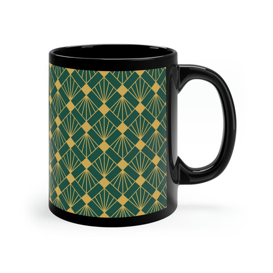 Art Deco Green and Gold Diamond Pattern -11oz Black Mug