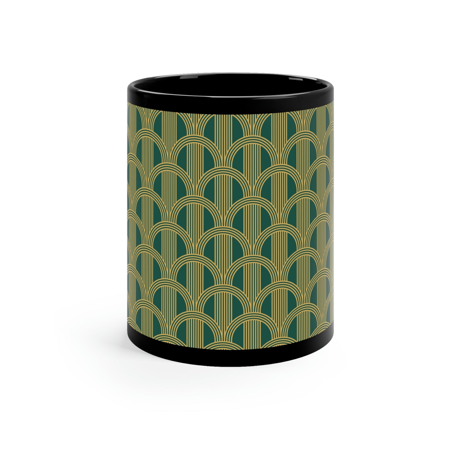 Art Deco Green and Gold Curved Arch Pattern -11oz Black Mug
