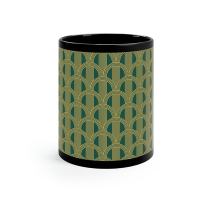 Art Deco Green and Gold Curved Arch Pattern -11oz Black Mug