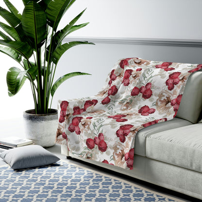 Velveteen Plush Blanket With a Red Floral Pattern