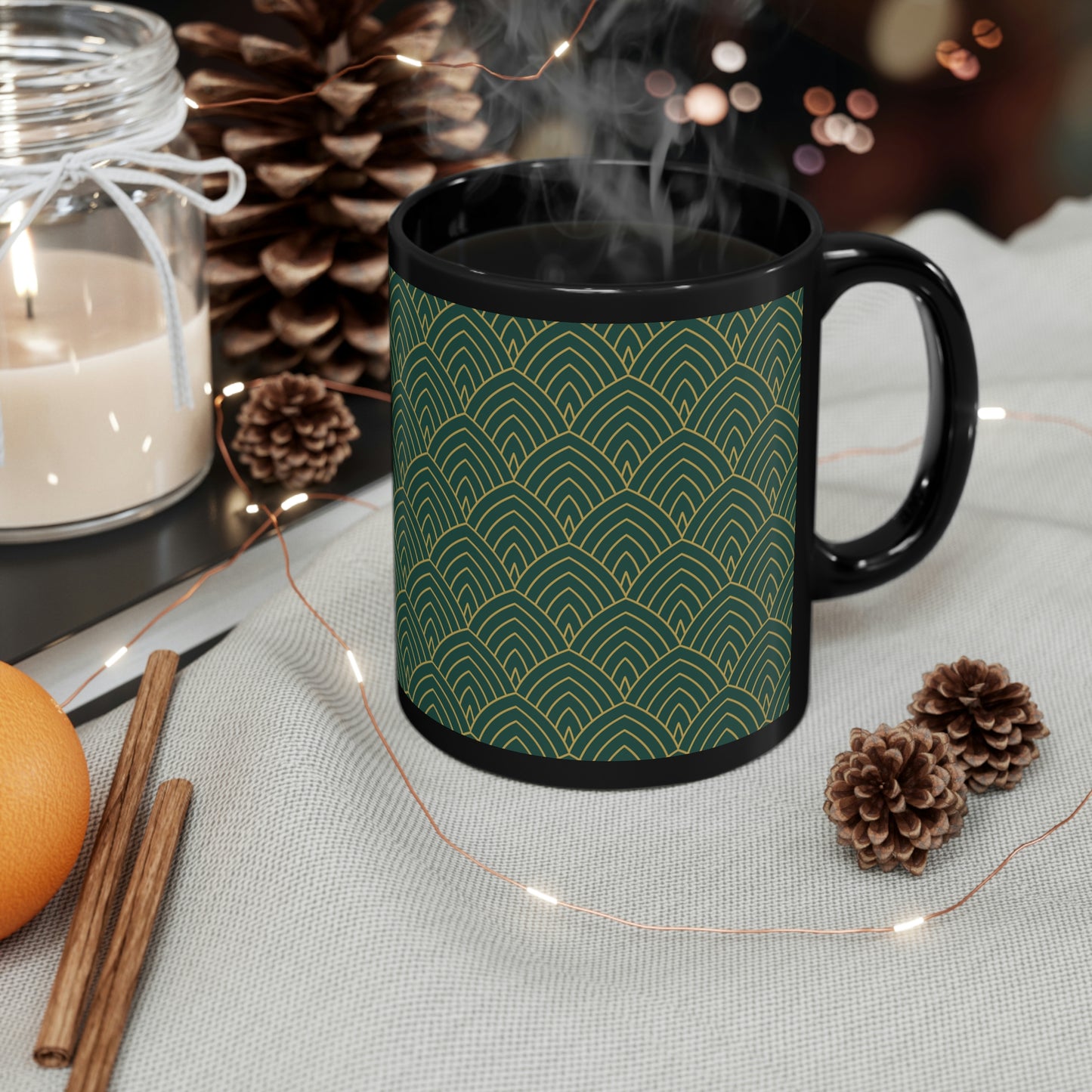 Art Deco Green and Gold Curved Pattern -11oz Black Mug