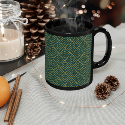 Art Deco Green and Gold Curved Pattern -11oz Black Mug