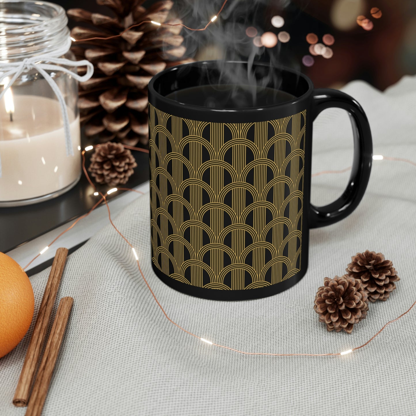 Art Deco Black and Gold Curved Arch Pattern - 11oz Black Mug