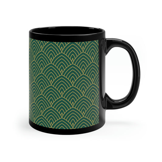 Art Deco Green and Gold Curved Pattern -11oz Black Mug