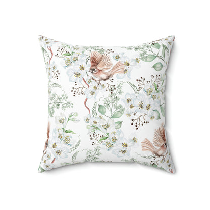 Faux Suede Square Pillow With a Floral Bird Pattern