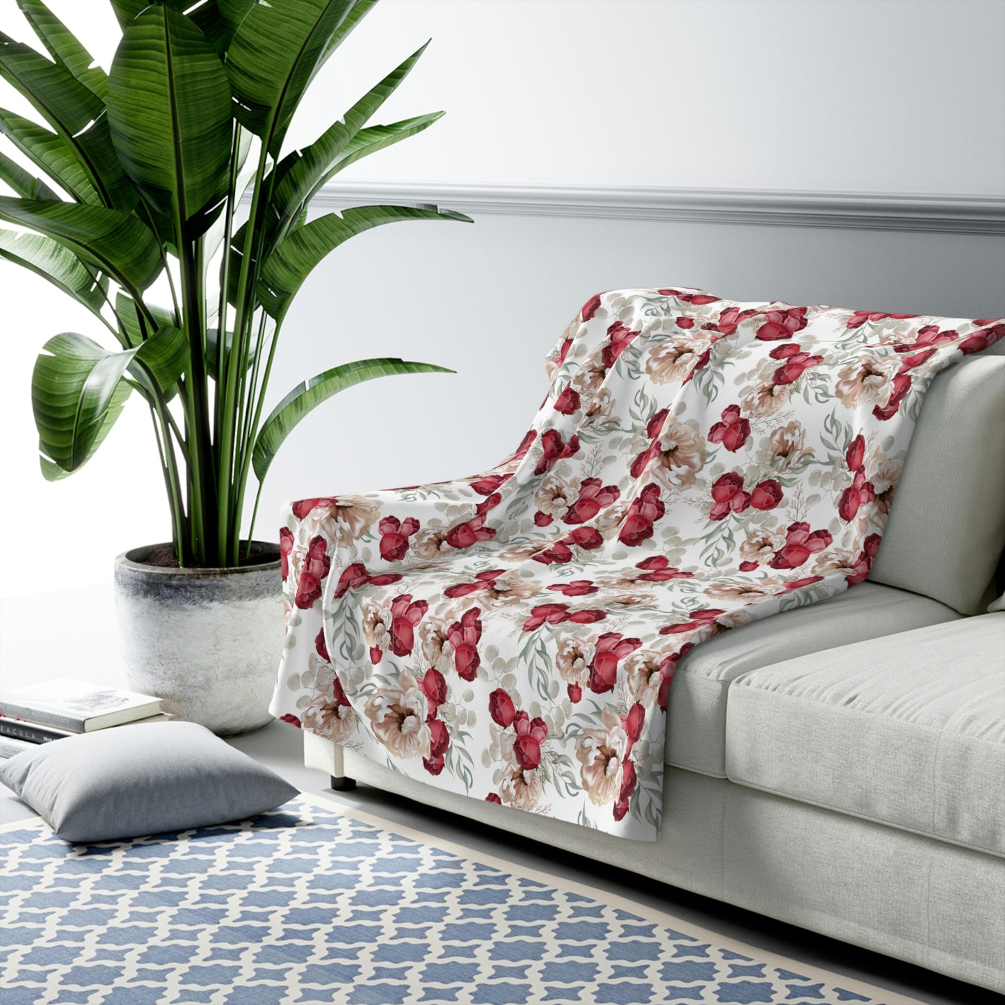 Sherpa Fleece Blanket with a Red Floral Pattern