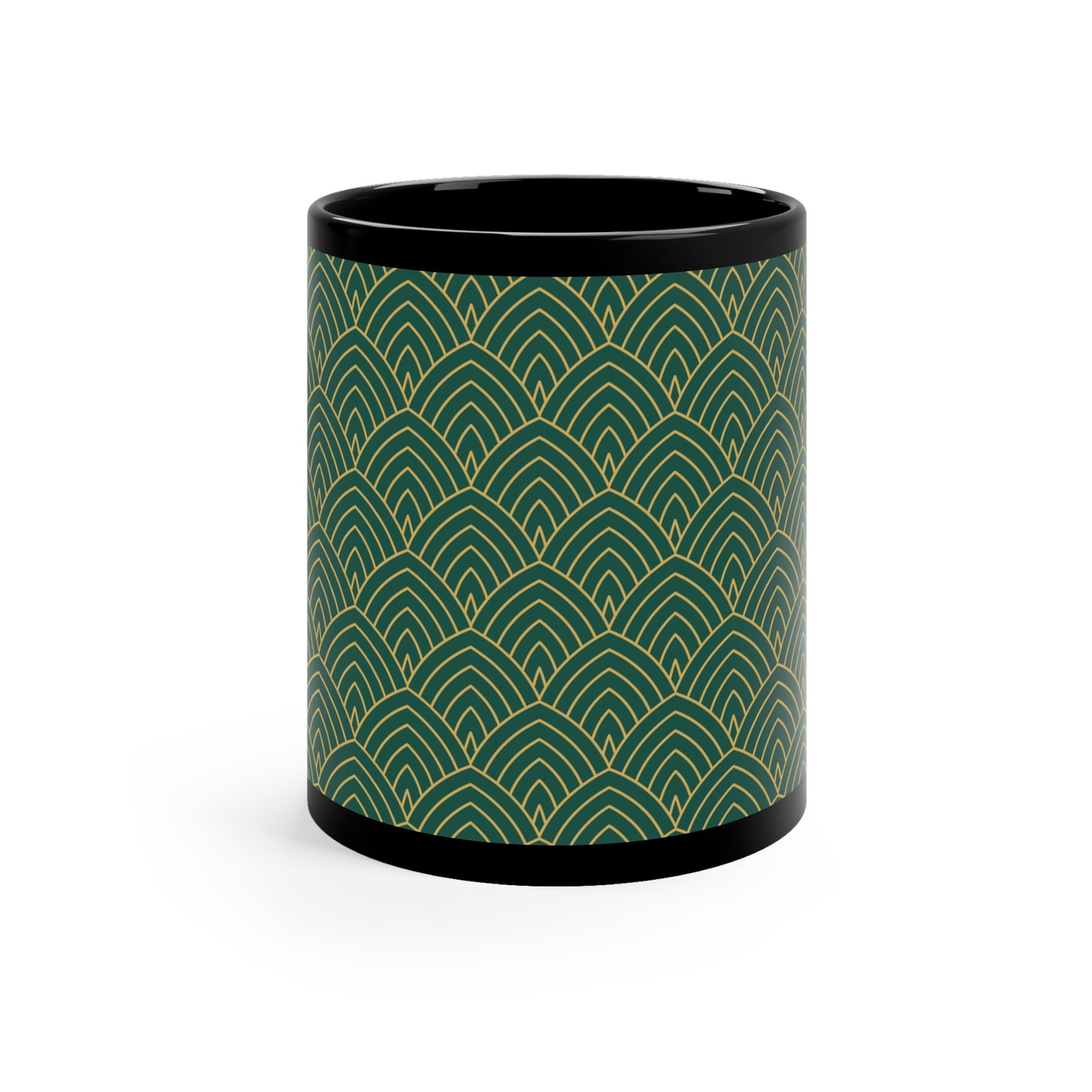 Art Deco Green and Gold Curved Pattern -11oz Black Mug
