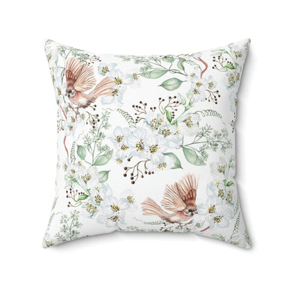 Faux Suede Square Pillow With a Floral Bird Pattern