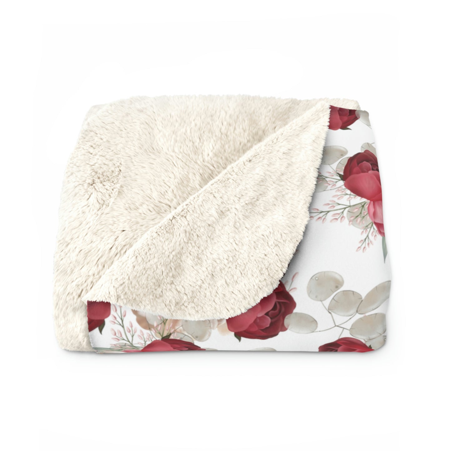 Sherpa Fleece Blanket with a Red Floral Pattern