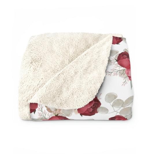 Sherpa Fleece Blanket with a Red Floral Pattern